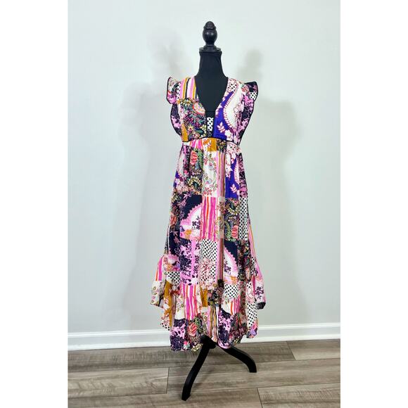 Anthropologie Midi Dress Size 4 Flutter Ruffled Patchwork Mixed Floral Print